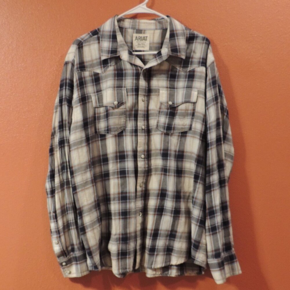 Ariat Flannel Shirt Men X Large Blue Brown Cowboy Farm Ranch Pearl Snap Shirt